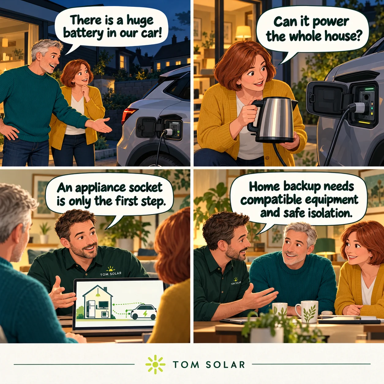 Comic: a couple notice their car's large battery; an adviser explains that an appliance outlet is only the first step towards whole-home backup.