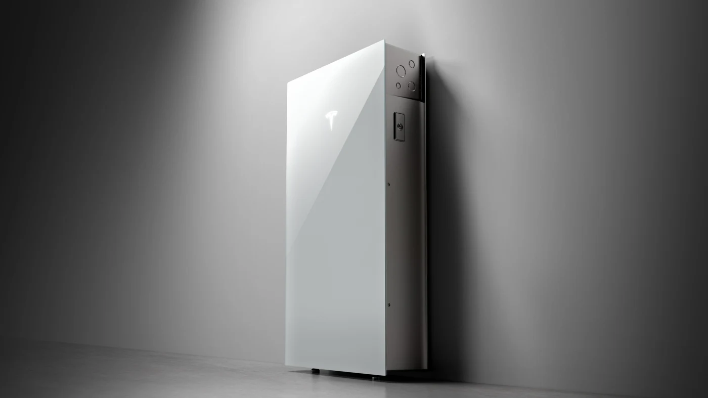 Tesla Powerwall 3 official three-quarter product render showing its pale front and contrasting side