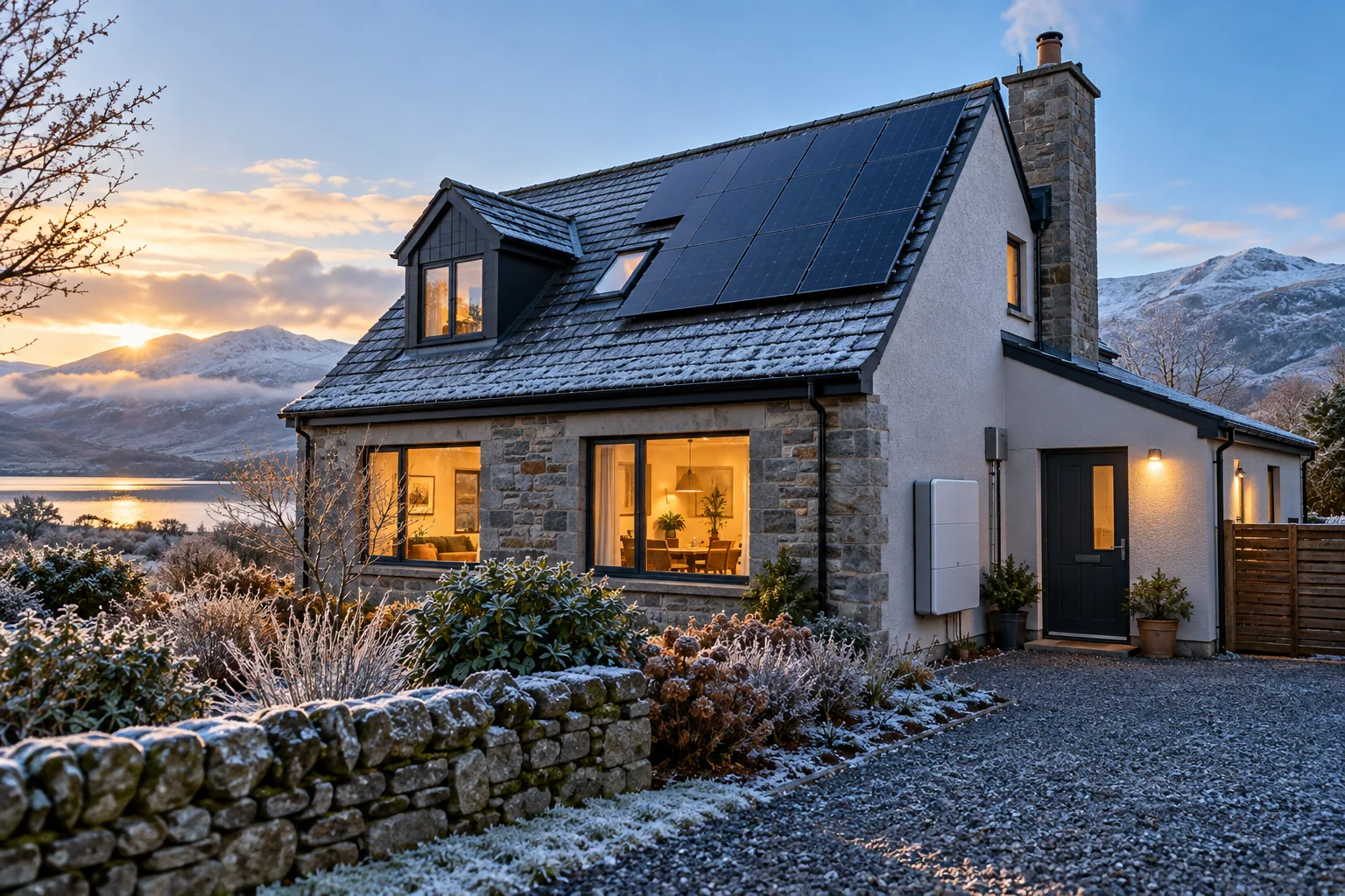 Scottish solar home with battery on a winter morning