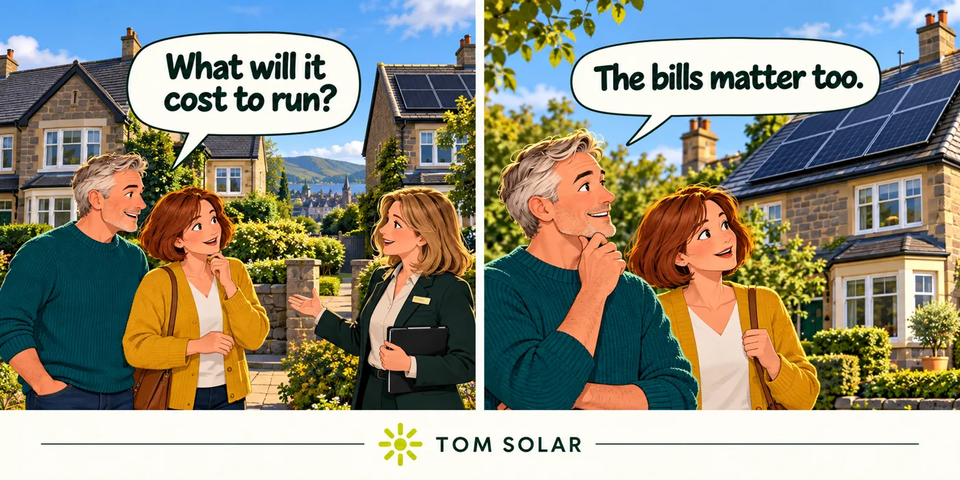 Comic couple viewing a solar-equipped home: What will it cost to run? The bills matter too.
