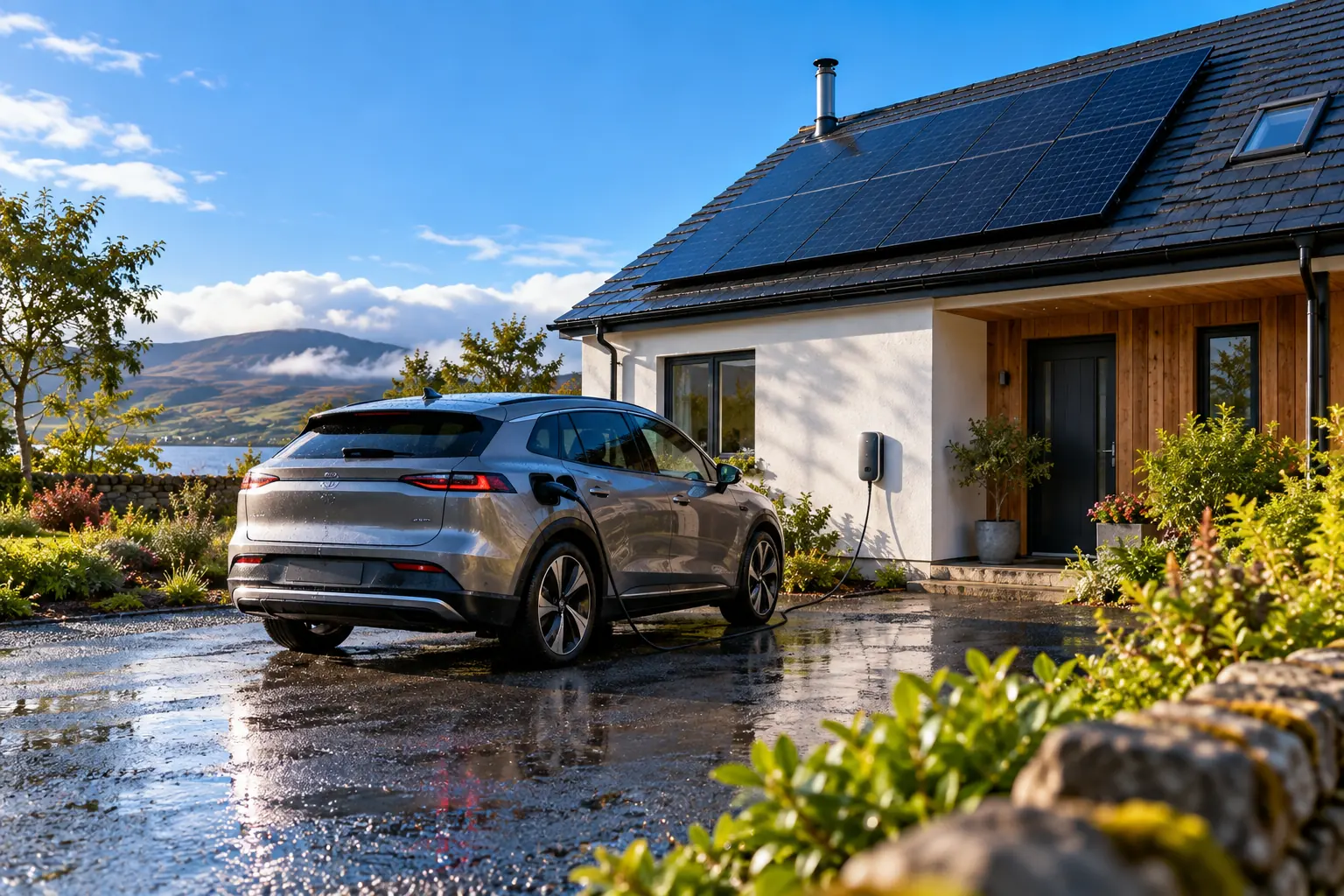 Illustrative electric car charging outside a Scottish solar home